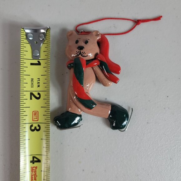Vintage Christmas Bear Hanging Ornament Brown 3" Ice Skating Glossy Scarf - Picture 4 of 4
